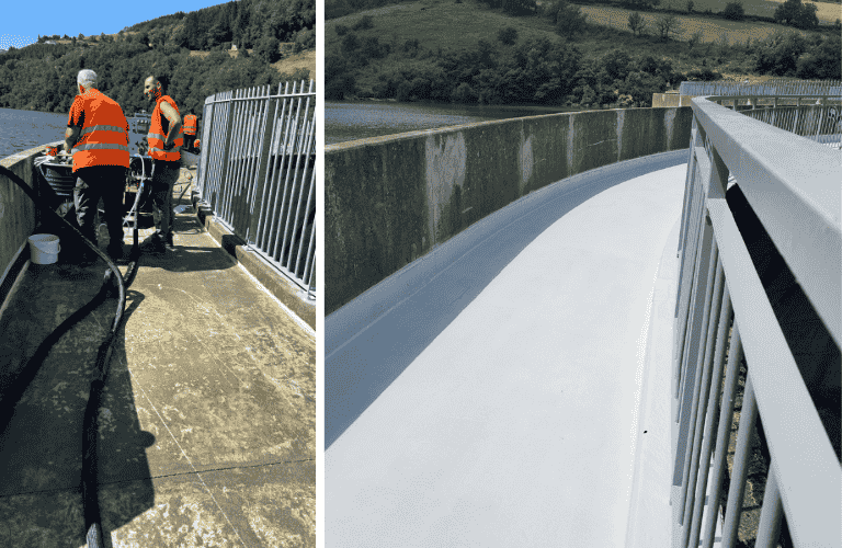 étanchéité projetée à chaud sur pont , voie cycliste et piétonne